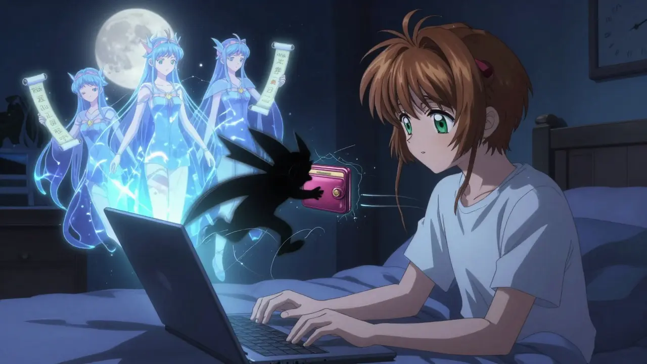 A teen at night with regulatory guardians emerging from a laptop screen in soft moonlight.