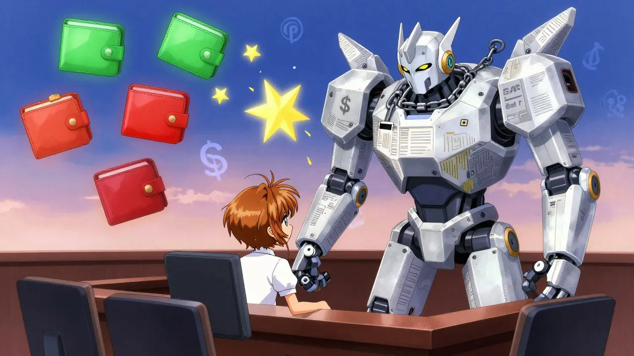 A tiny operator being judged by a giant blockchain guardian as verified and unverified wallets float like spirits.