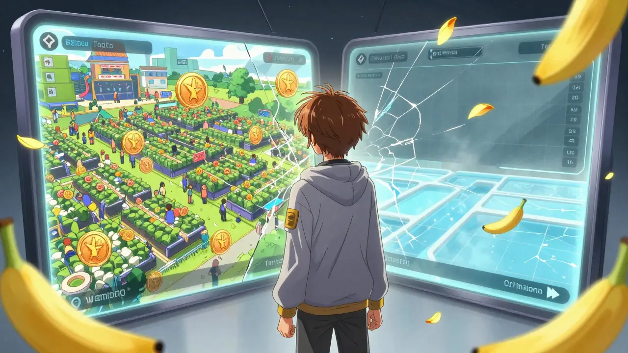 A trader faces a mirror showing vibrant BSC DeFi on one side and a hollow Telos DEX on the other.