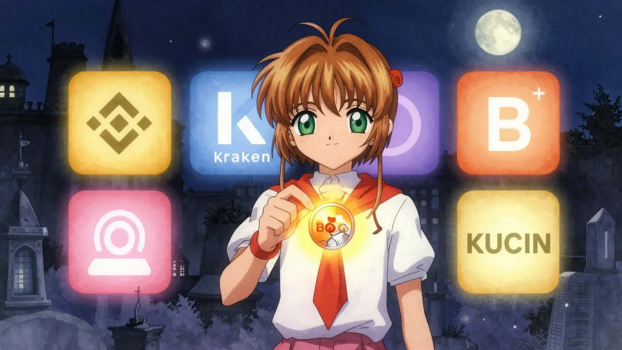 A trader holds a fading token as four living exchanges glow brightly behind them, against a graveyard of dead platforms.