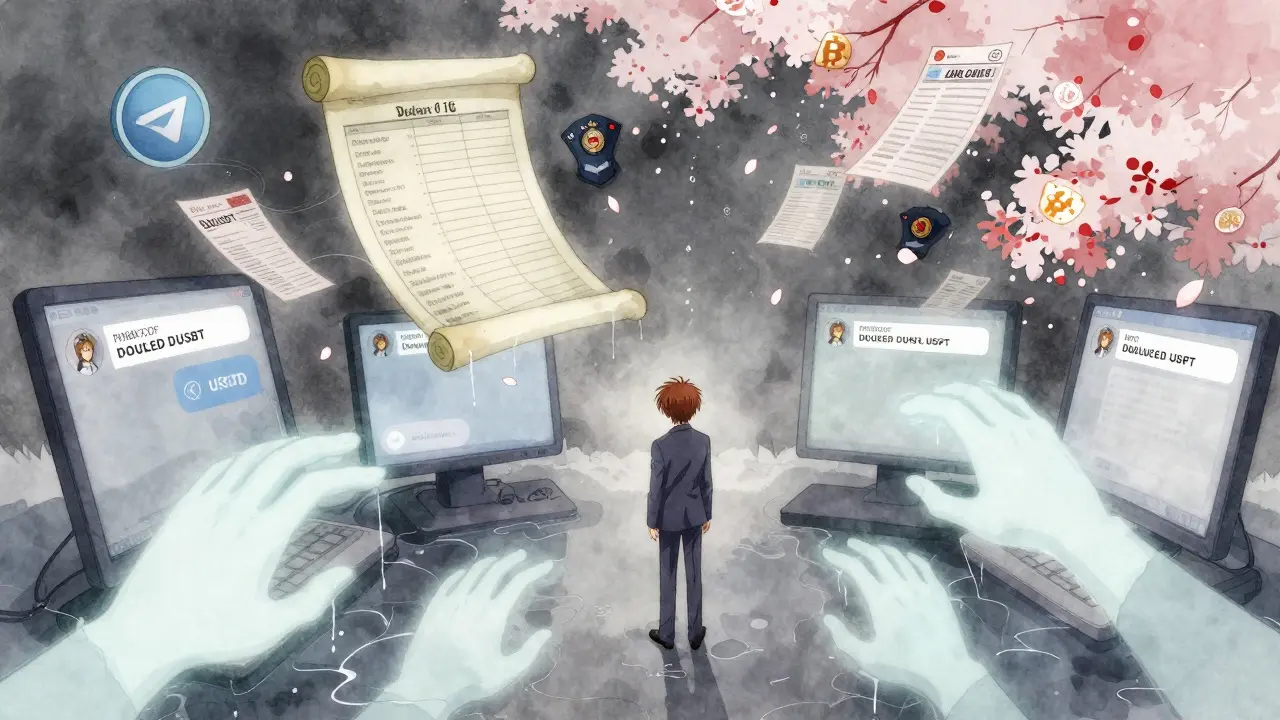 A trader isolated in a Telegram chat, ghostly offers and frozen bank documents floating around them.