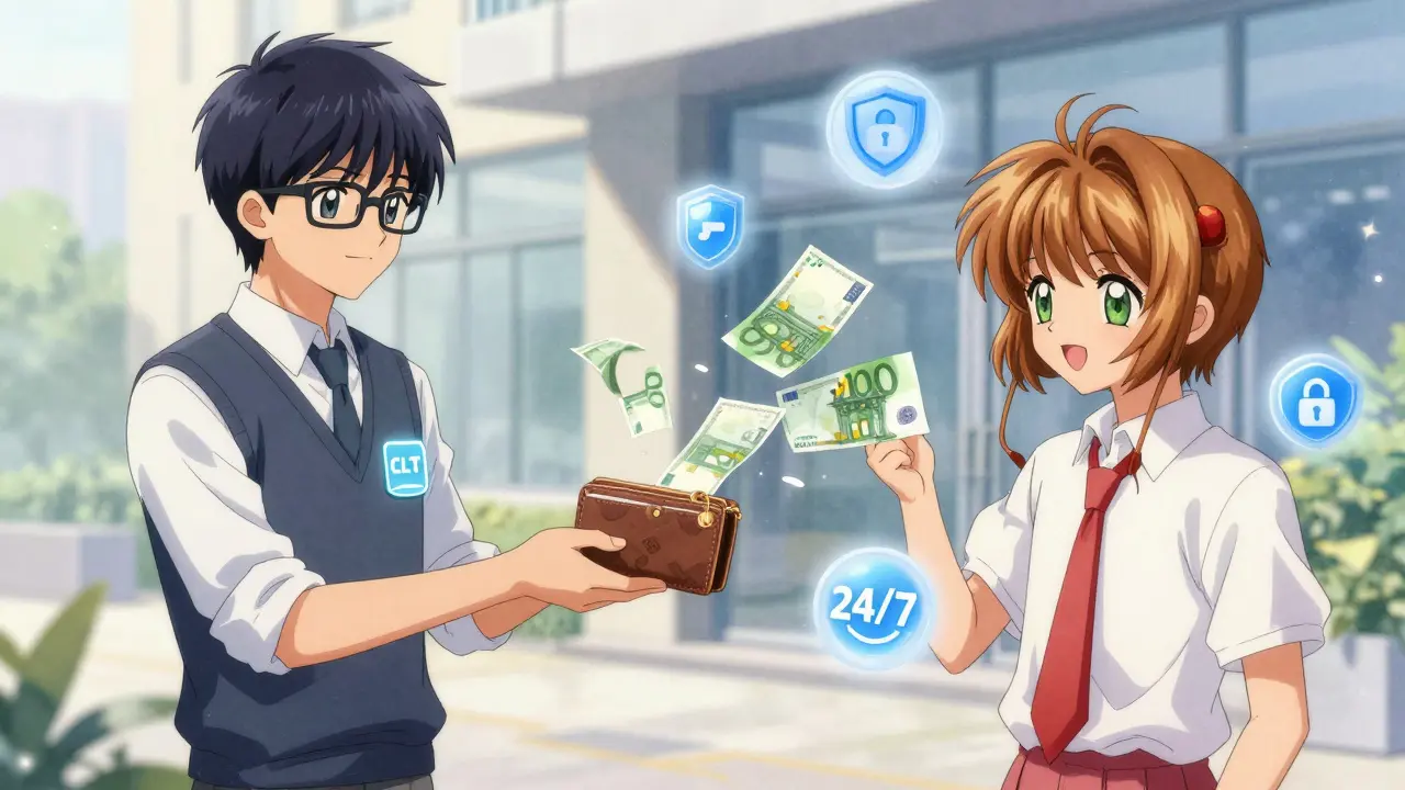 A user receives EUR cash from a CoinLoan agent, with insurance and support symbols floating around them.