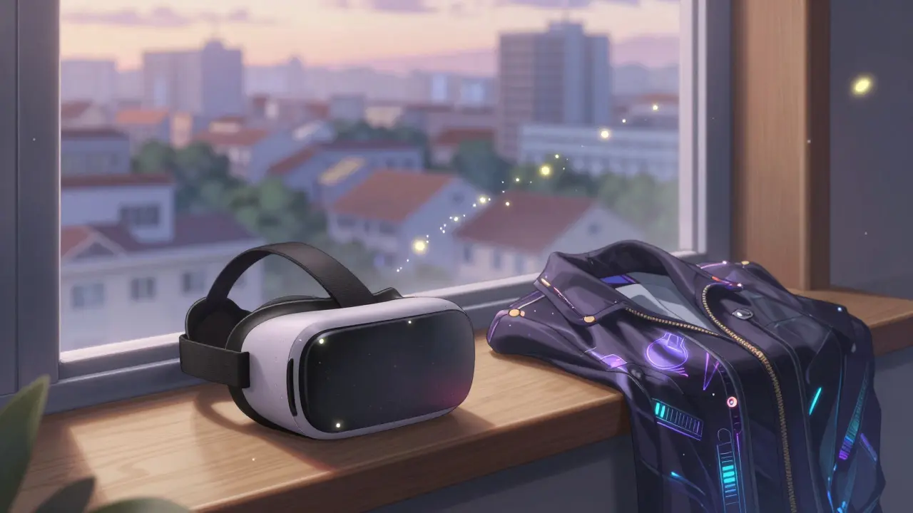 A VR headset rests on a windowsill with a shimmering digital jacket, golden SENSO tokens fading like fireflies at dawn.