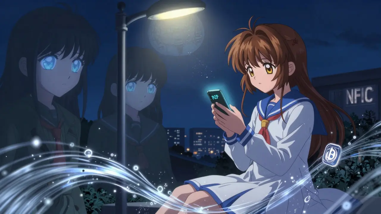 A woman using a P2P app at night as regulatory eyes watch gently in the shadows.