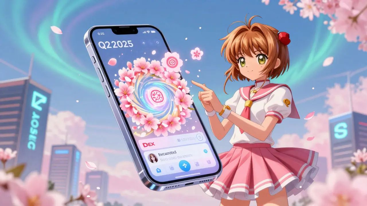 A young girl using a futuristic Jupiter mobile app as token petals bloom from the screen.