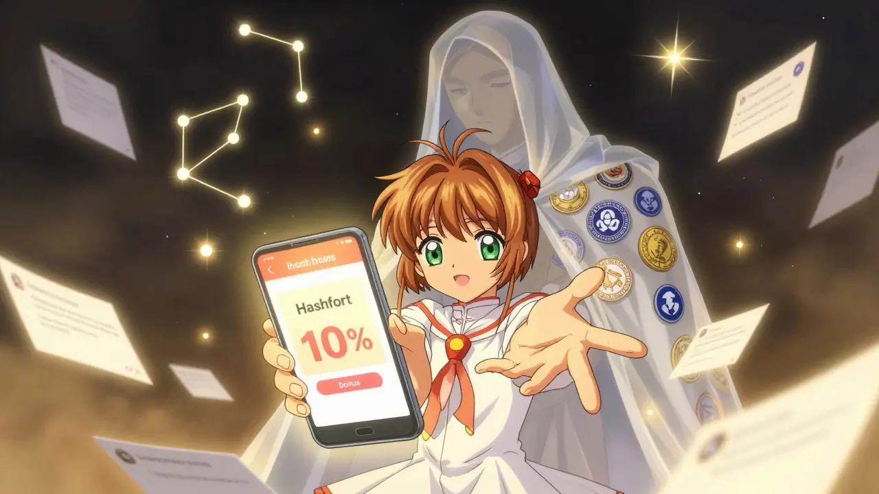 A young person about to click a fake crypto ad, guarded by a symbolic figure made of verified badges, real exchanges shining safely behind.