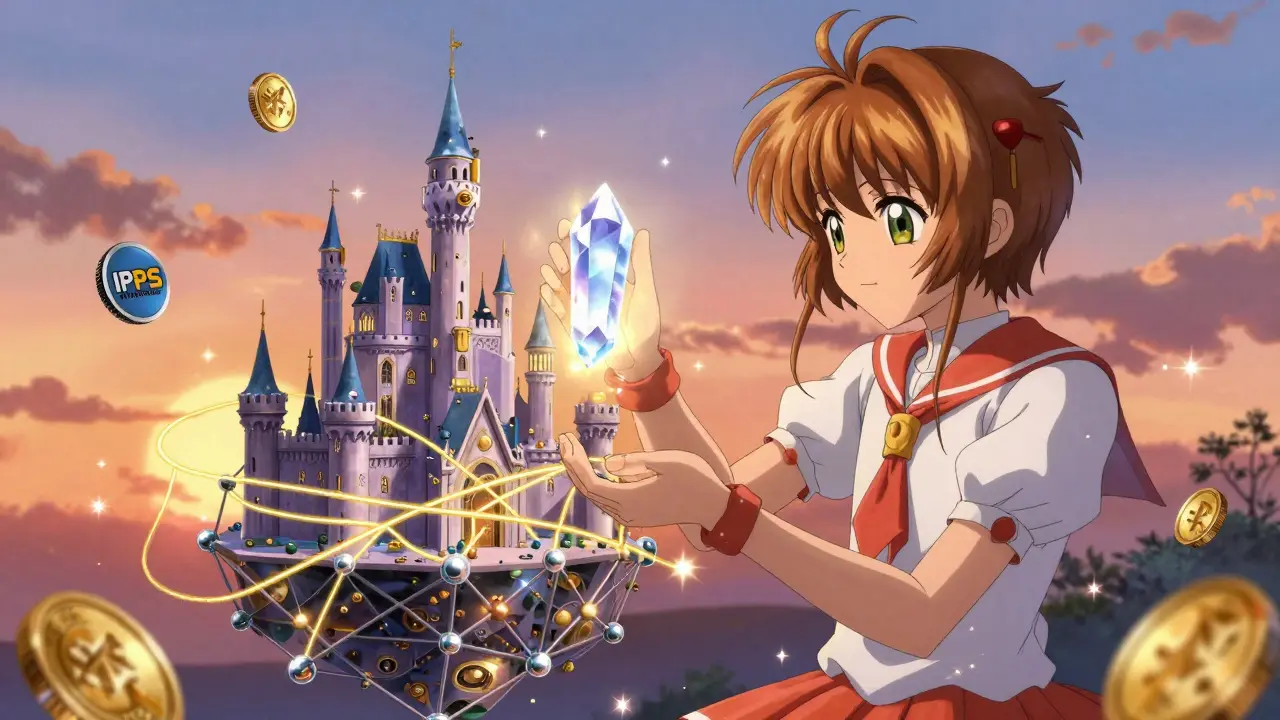 An artist placing an Arweave crystal into a node castle, surrounded by floating data pins and coins.