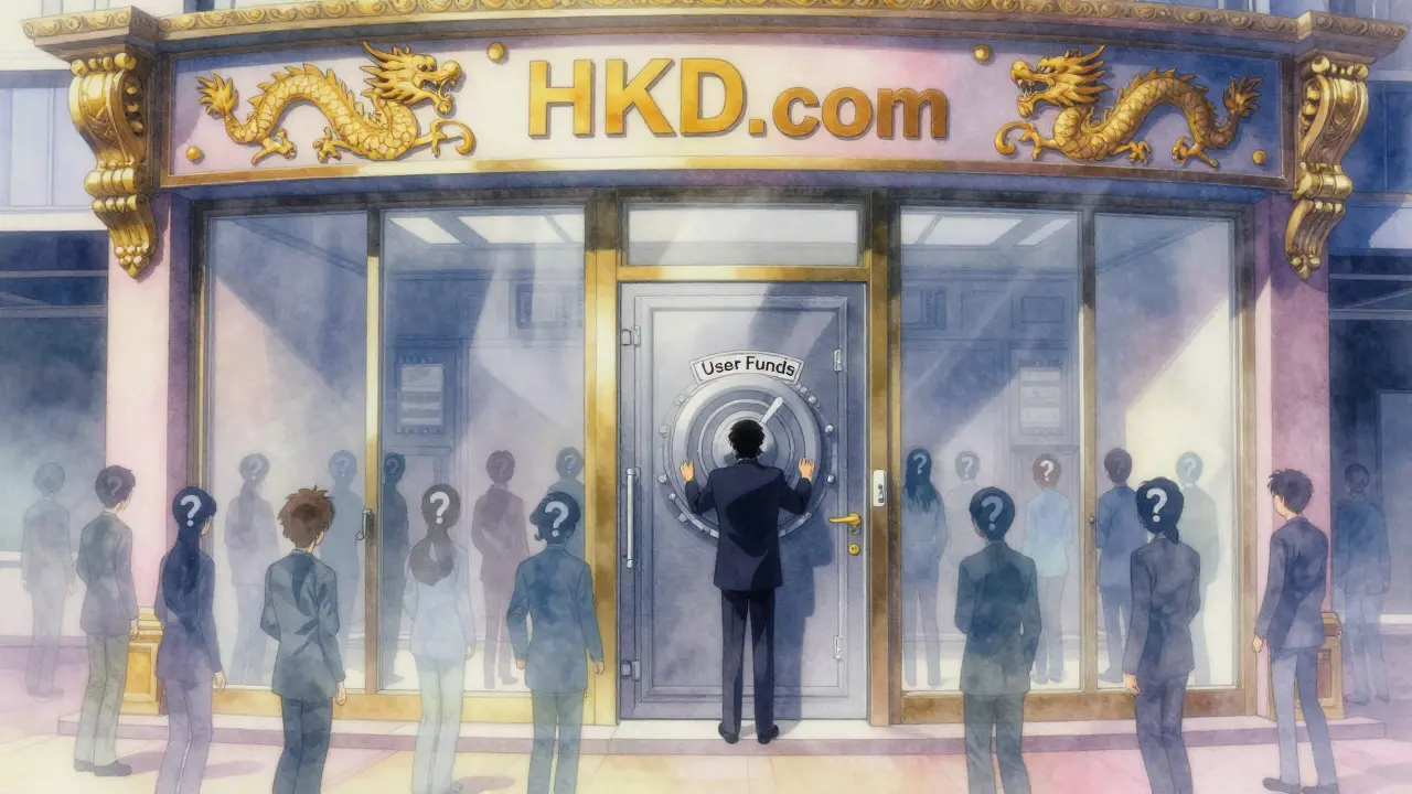 An empty HKD.com store with shadowy vault holding locked funds, users unable to enter.