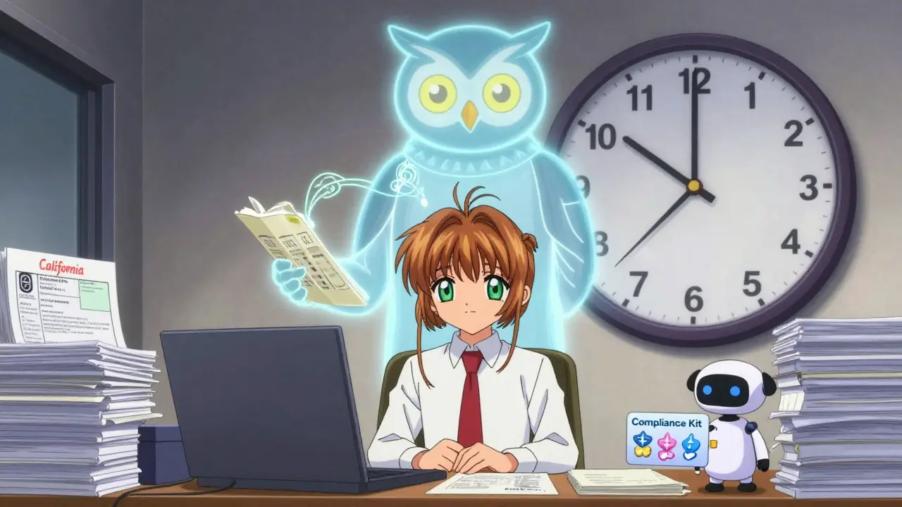 An entrepreneur surrounded by state license applications as a spectral FinCEN owl watches over them.