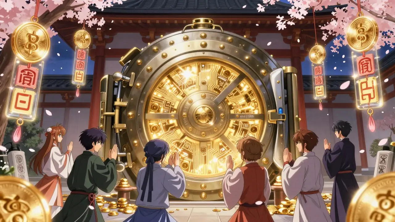 Ancient temple with a glowing cold wallet vault, protected by floating seals and golden circuitry charms.