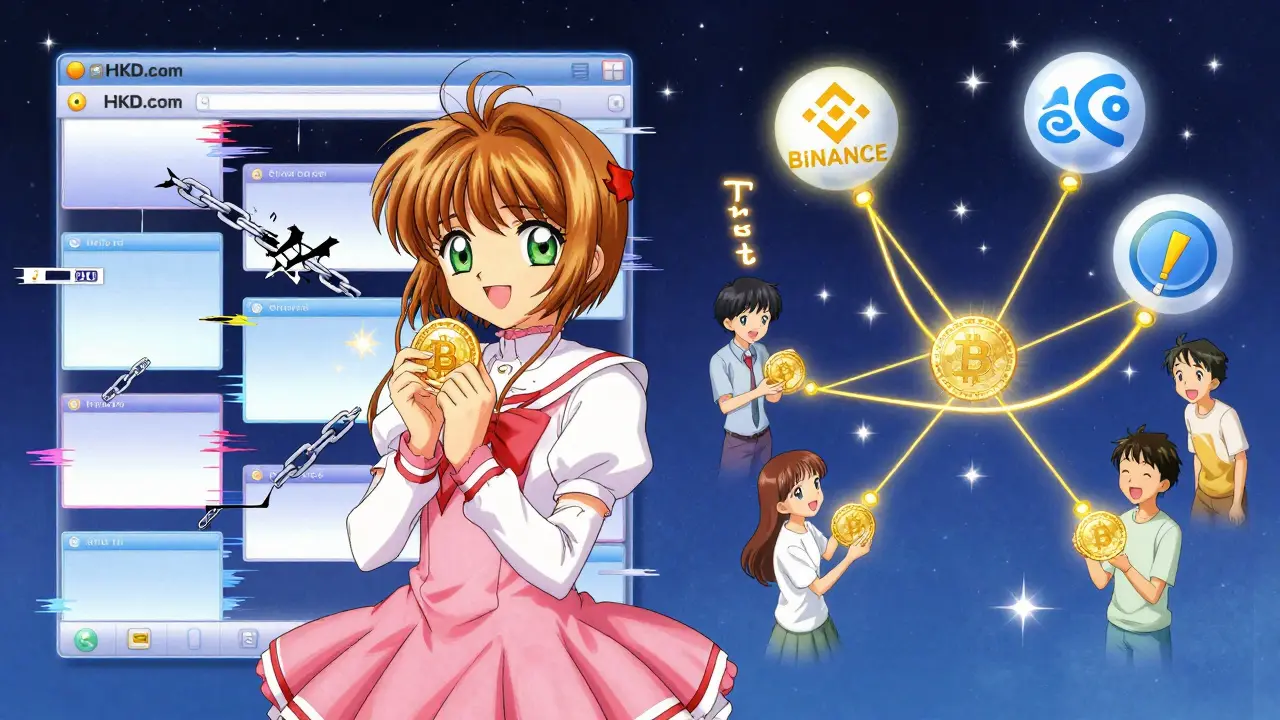 Chaotic HKD.com app vs. peaceful regulated exchanges under a starry sky.