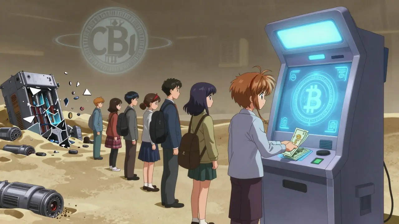 Citizens exchanging cash for digital rial on Kish Island, shattered mining rigs behind, glowing government seal above.