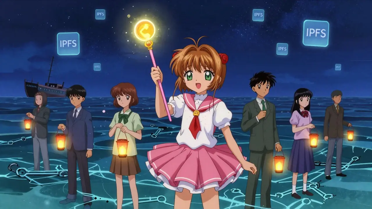 Collectors holding CID lanterns before a digital ocean of sinking links, one casting a pinning spell.