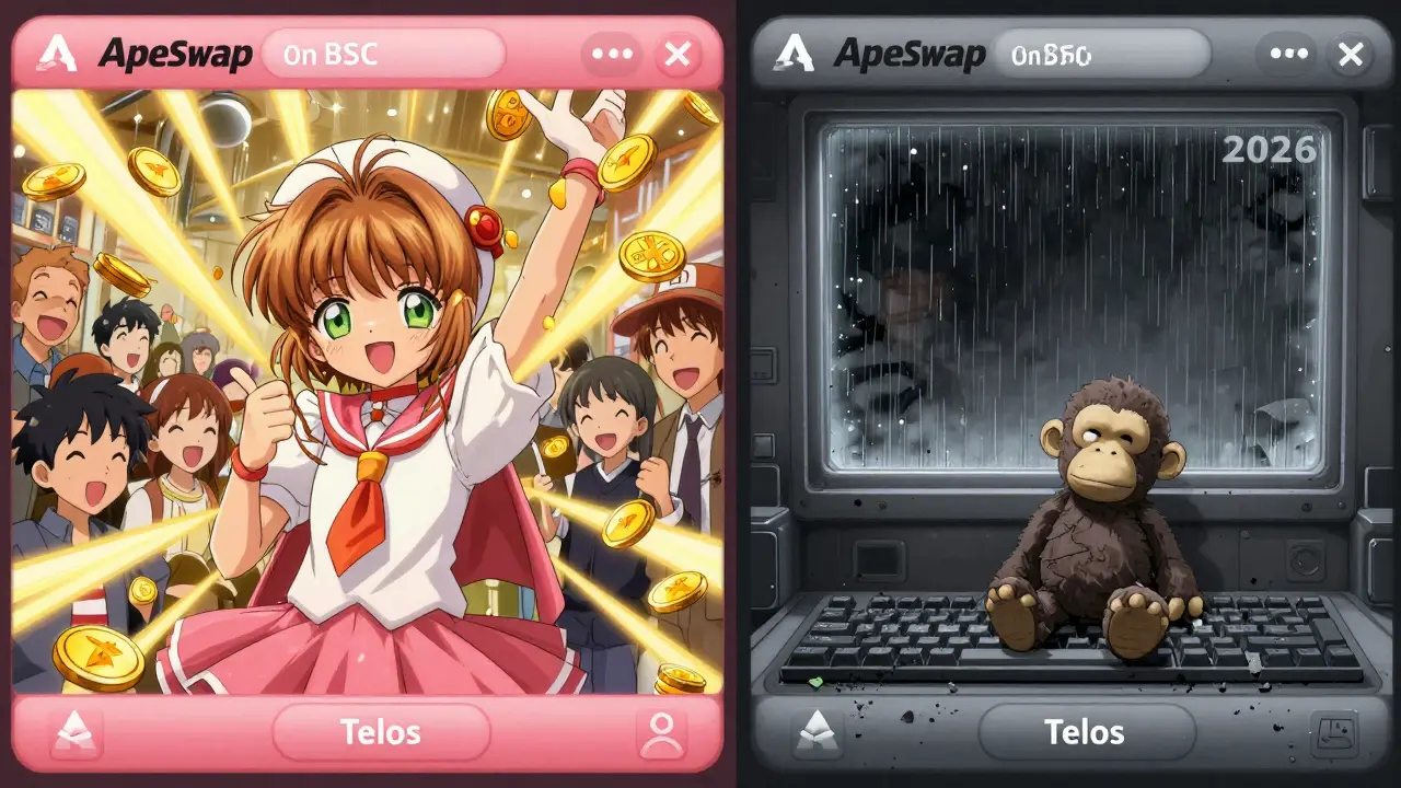 Contrast between lively BSC ApeSwap and a cold, abandoned Telos version.