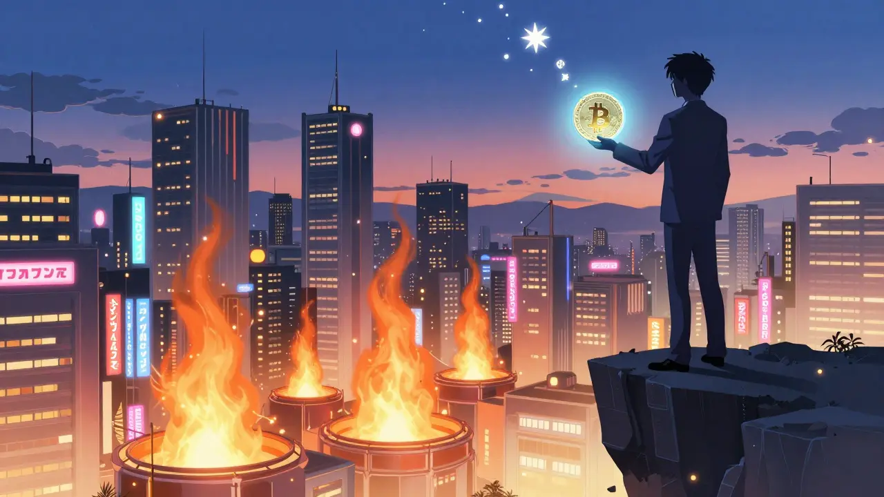 Futuristic Bitcoin City glows under twilight with geothermal energy and a distant investor holding a Bitcoin wallet.