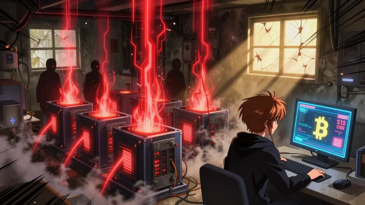 Hidden crypto mining rigs in a basement, glowing with energy, shadows of operators moving silently.