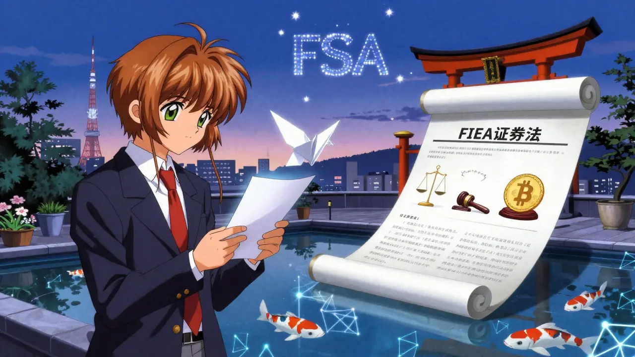 Investor reading a white paper that becomes an origami bird, with FIEA legal symbols glowing in twilight Tokyo.