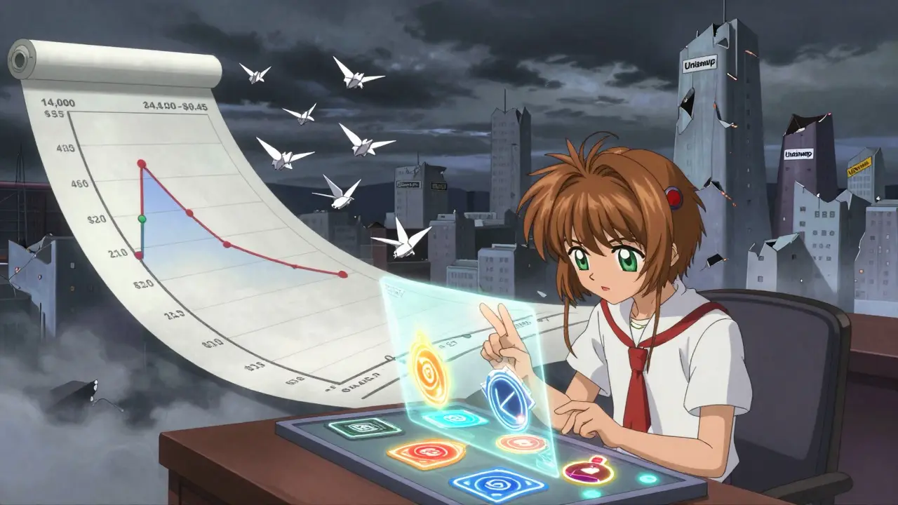 Protagonist managing concentrated liquidity runes on a holographic console, with paper crane transaction counters soaring overhead.