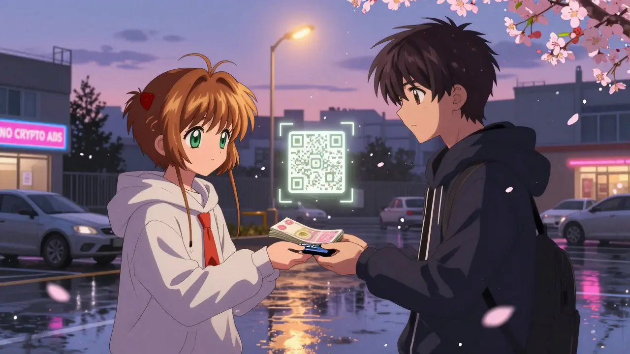 Secret crypto cash exchange in a Tehran parking lot at dusk, glowing wallet codes and falling petals.