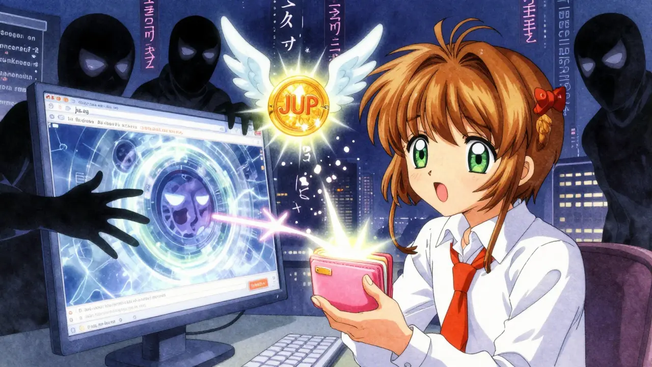 Shadowy phishing spirits attacking a user's wallet while a protective JUP token glows nearby.