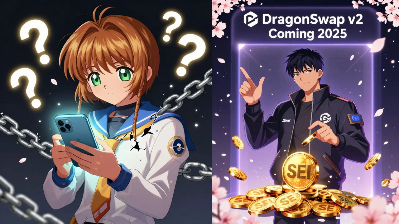 Split scene: confused new user with broken chains vs. confident trader with SEI tokens falling like sakura petals toward v2 portal.