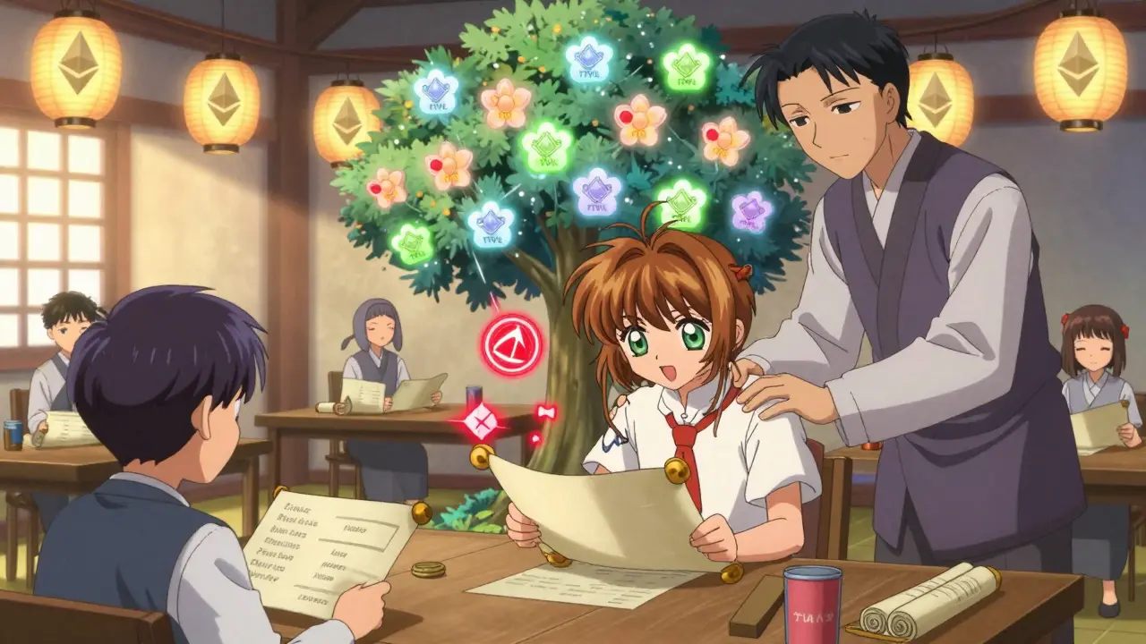 Traders in a digital dojo practicing limit orders as a glowing blockchain tree blooms with liquidity flowers.