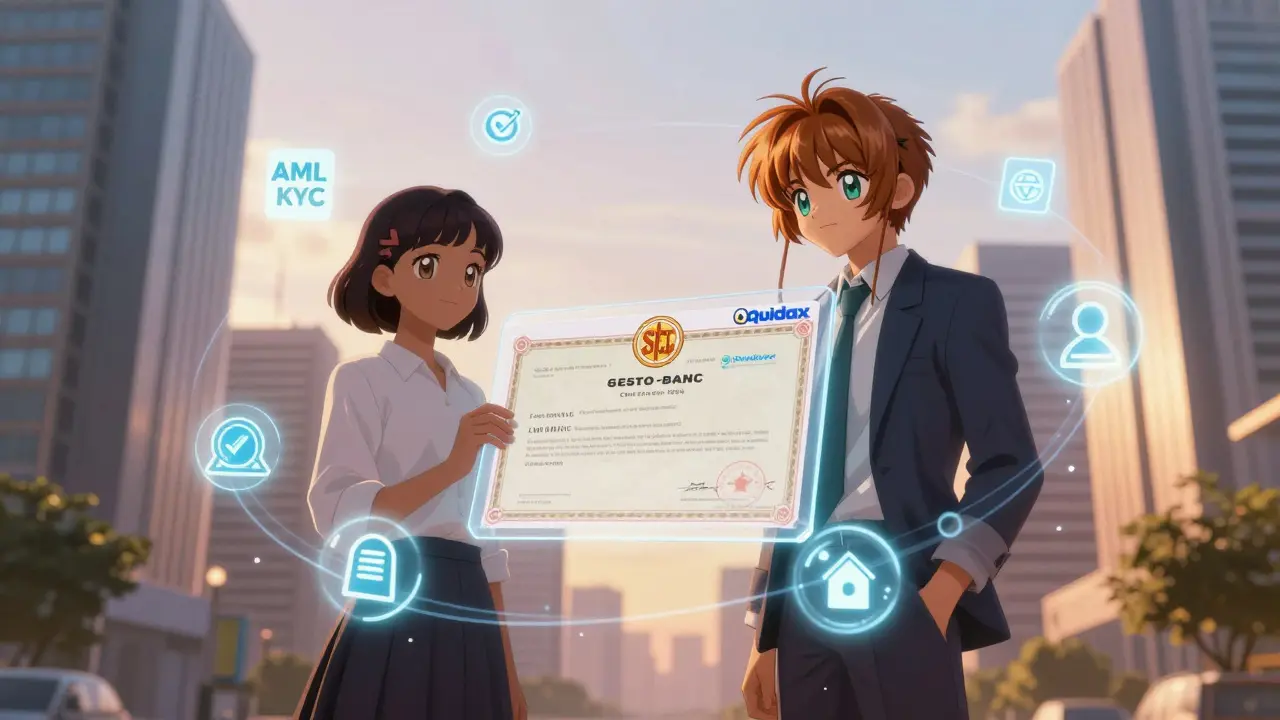 Two entrepreneurs receiving a licensed SEC certificate with glowing compliance icons.