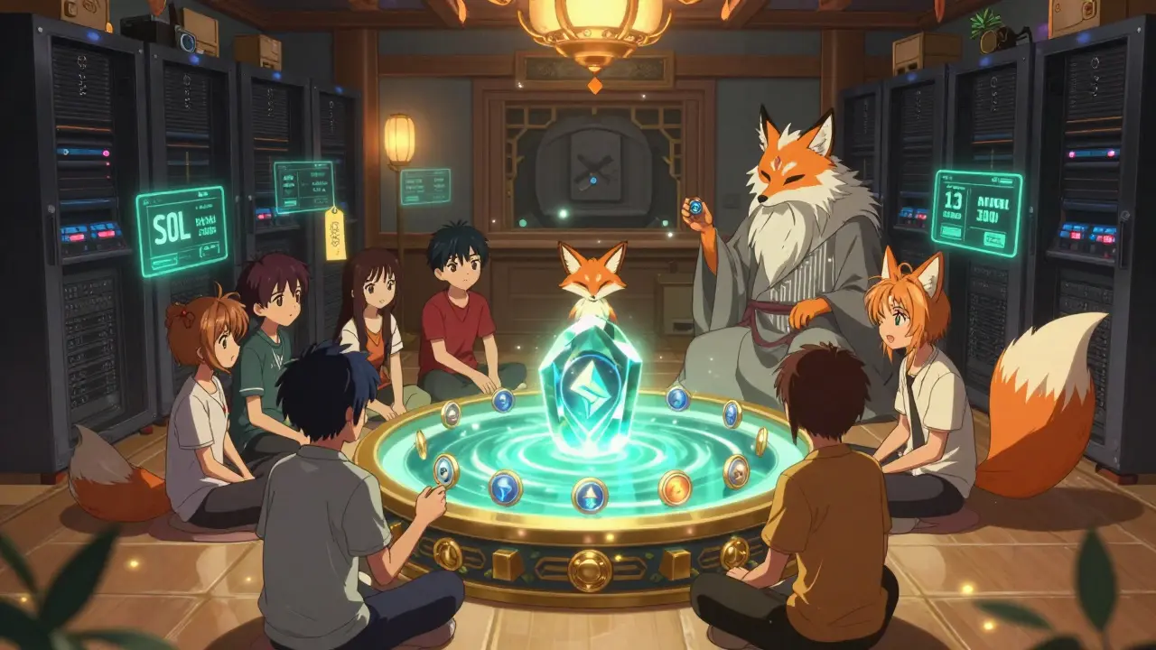 Young stakers in a magical server shrine place coins into a glowing pool, watched by a fox spirit.