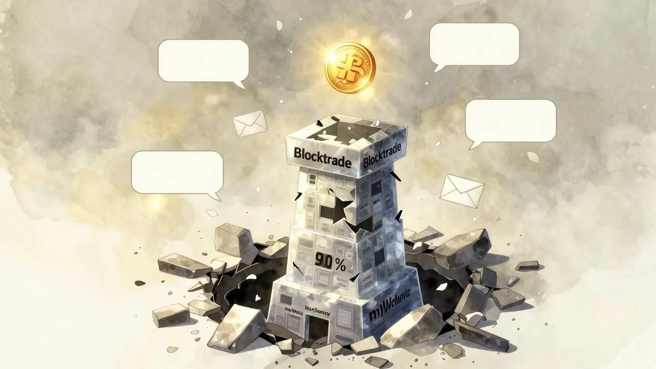 A collapsing tower labeled Blocktrade, with 90% of its base lost to a black hole labeled myWorld.