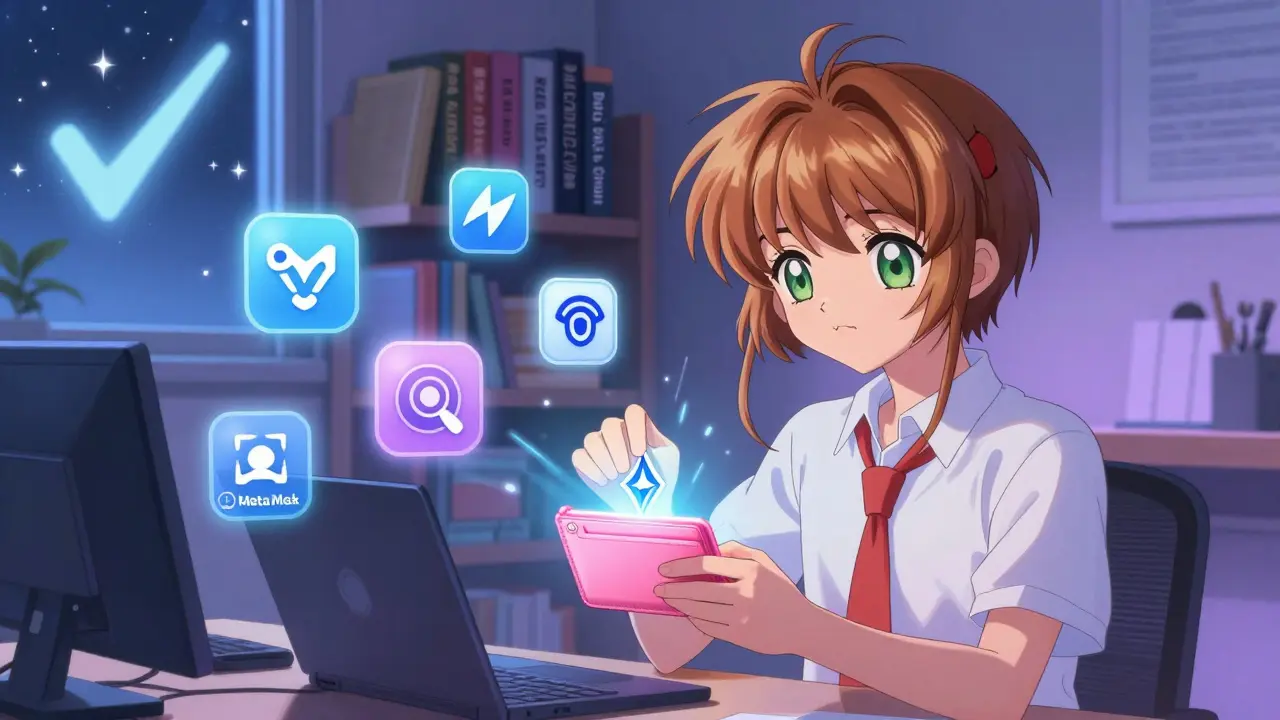 A creator using MetaMask surrounded by icons of real crypto tools, in a serene studio lit with soft blue light.