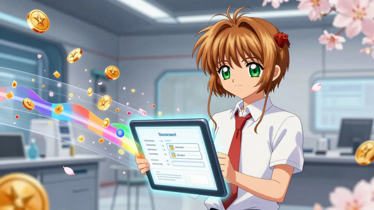 A developer watches animated vesting parameters flow through a timeline with floating token shards.