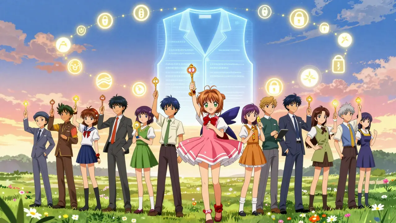 A diverse community stands under a holographic vesting contract as tokens turn into flowers.