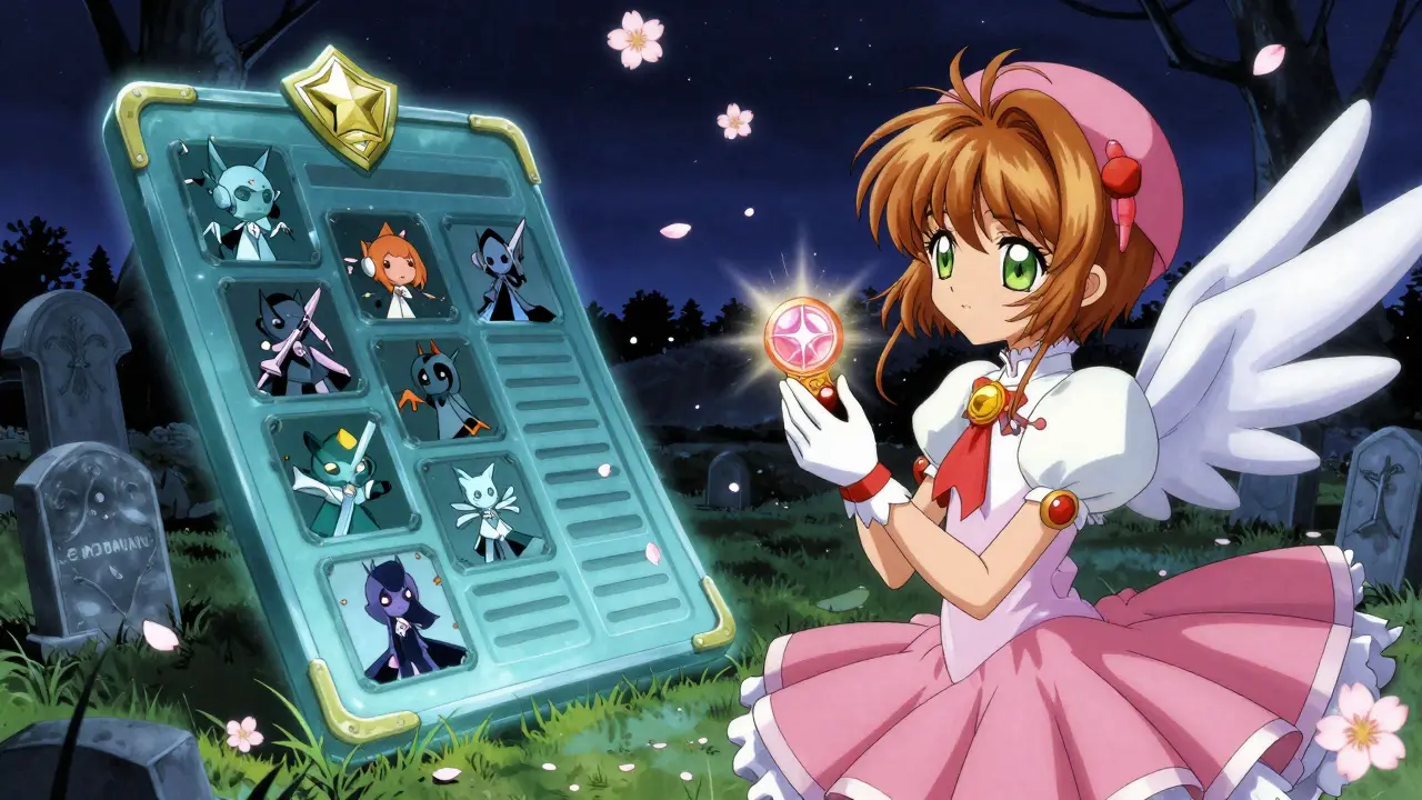 A ghostly blockchain graveyard of abandoned avatars, with one living gamer from a real project standing in the distance under falling cherry blossoms.