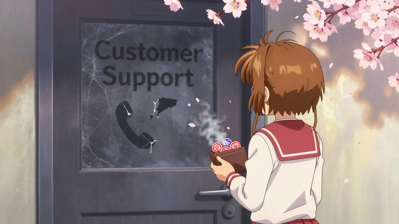 A girl turning away from a closed support door, holding BTEX tokens that turn to ash as cherry blossoms blow by.