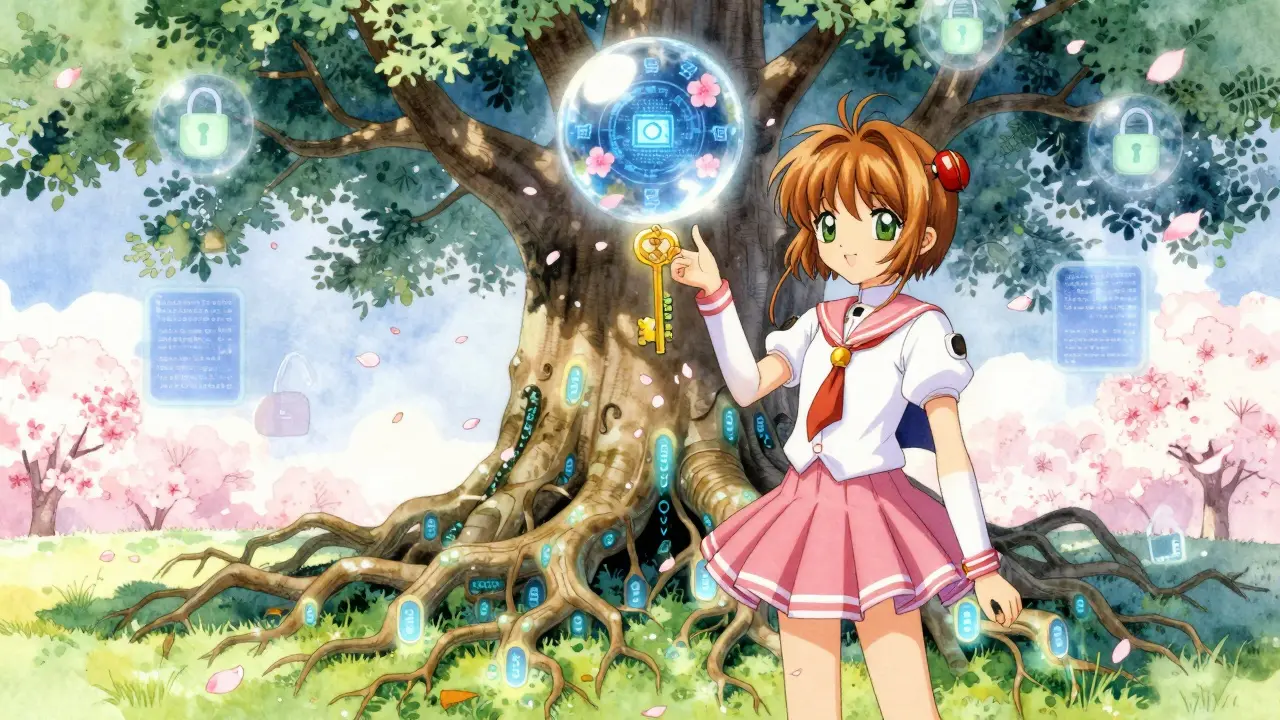 A girl with a GDPR key dissolving a blockchain root into petals, while encrypted data floats safely in a glass orb above her.