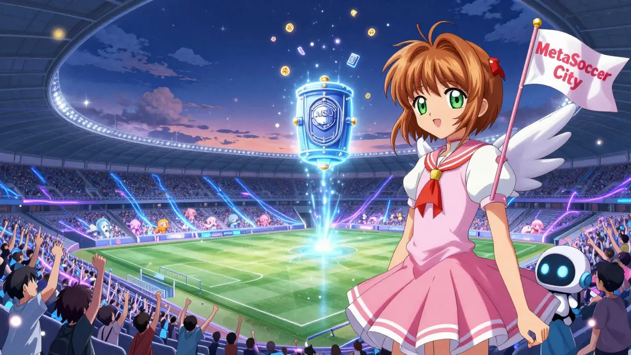A glowing NFT stadium at night fills with cheering anime spirits as MSU tokens cascade from a floating vault under a twilight sky.