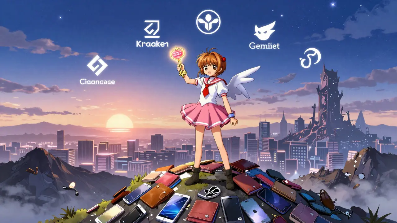 A hero stands atop a pile of wallets holding a key labeled 'VERIFIED EXCHANGES' as trusted crypto brands appear as spirit animals.