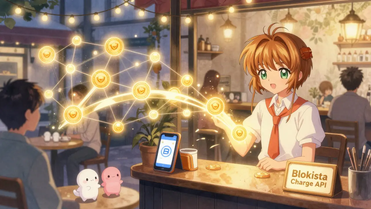 A magical blockchain flows above a café with BCC tokens connecting customers in soft anime light.