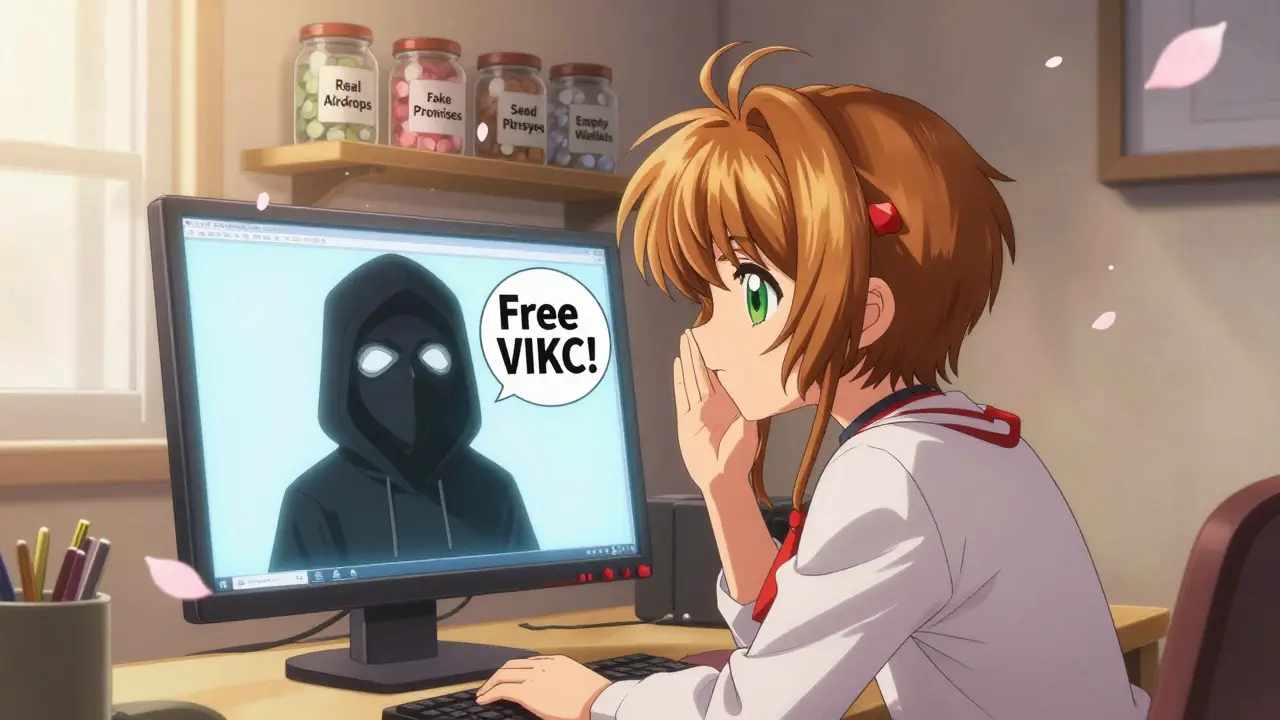 A player at a computer screen, their reflection showing a scammer's masked face, with labeled jars of crypto truths behind them.