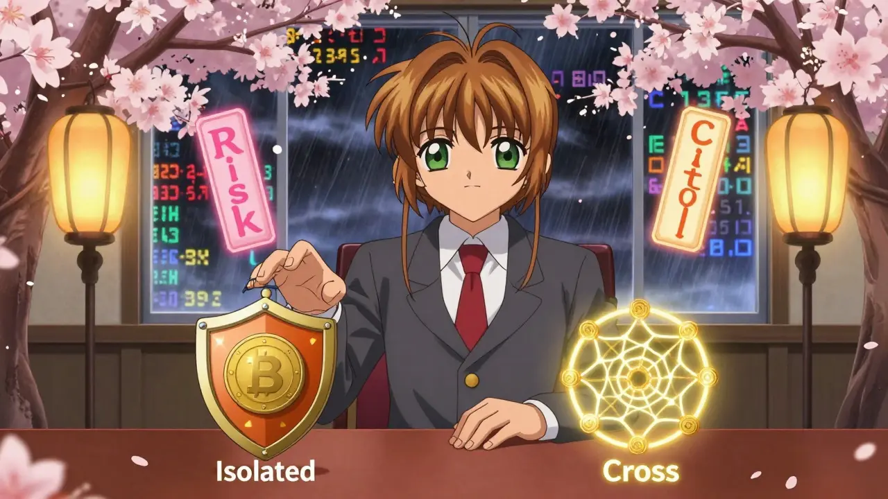A seasoned trader placing two magical talismans for isolated and cross margin, surrounded by calm and stormy crypto visuals in Cardcaptor Sakura style.