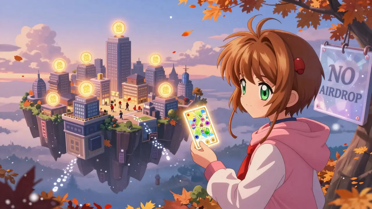 A serene Metaverse Landlord property at dawn with glowing rent icons, a child holding an NFT card as a 'NO AIRDROP' sign fades into snow.