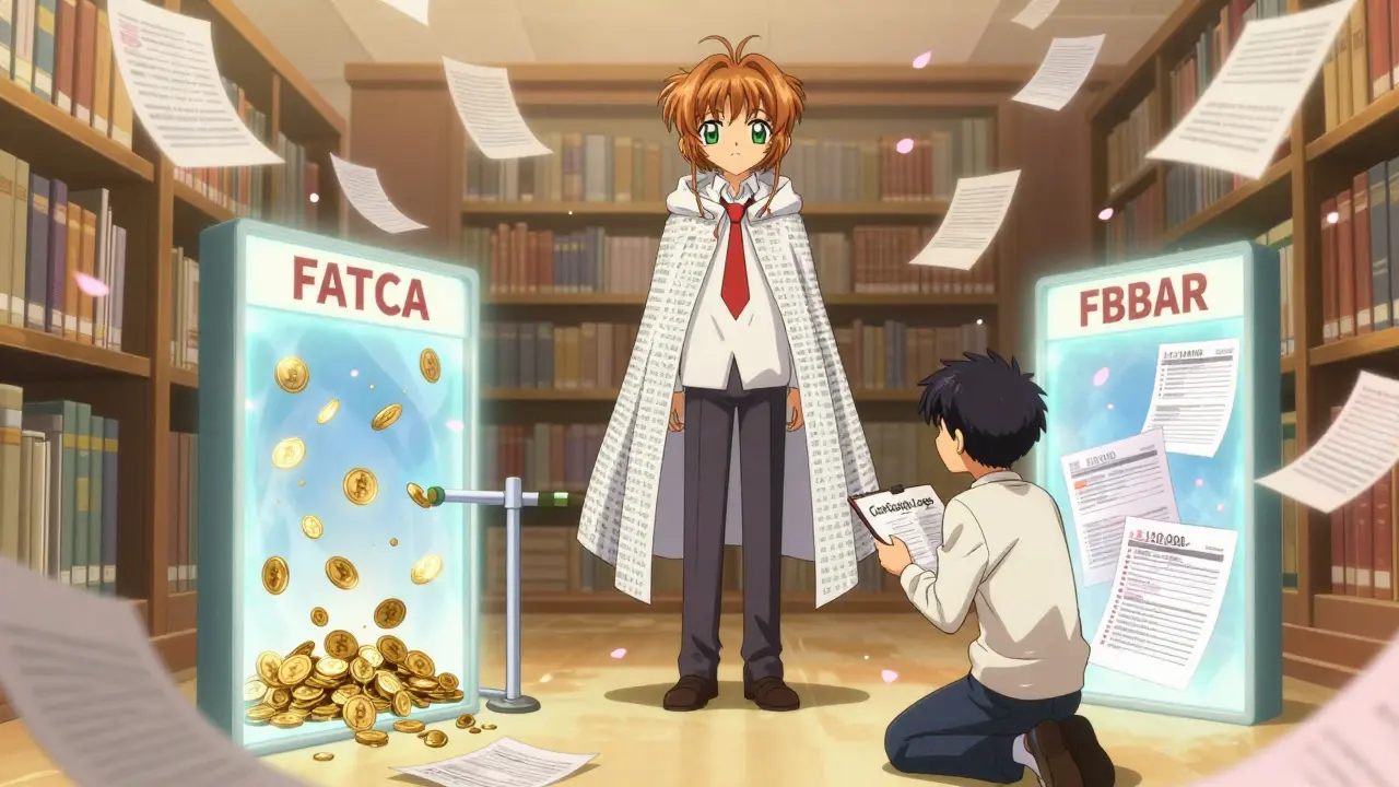 A tax auditor stands in a library of floating documents, with two portals showing FATCA and FBAR crypto reporting pathways.