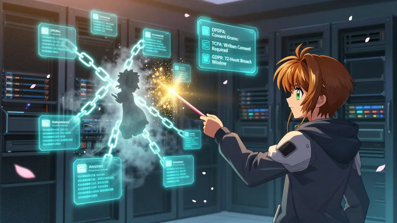 A technician using a wand to anonymize blockchain data, with compliance alerts glowing in the background.