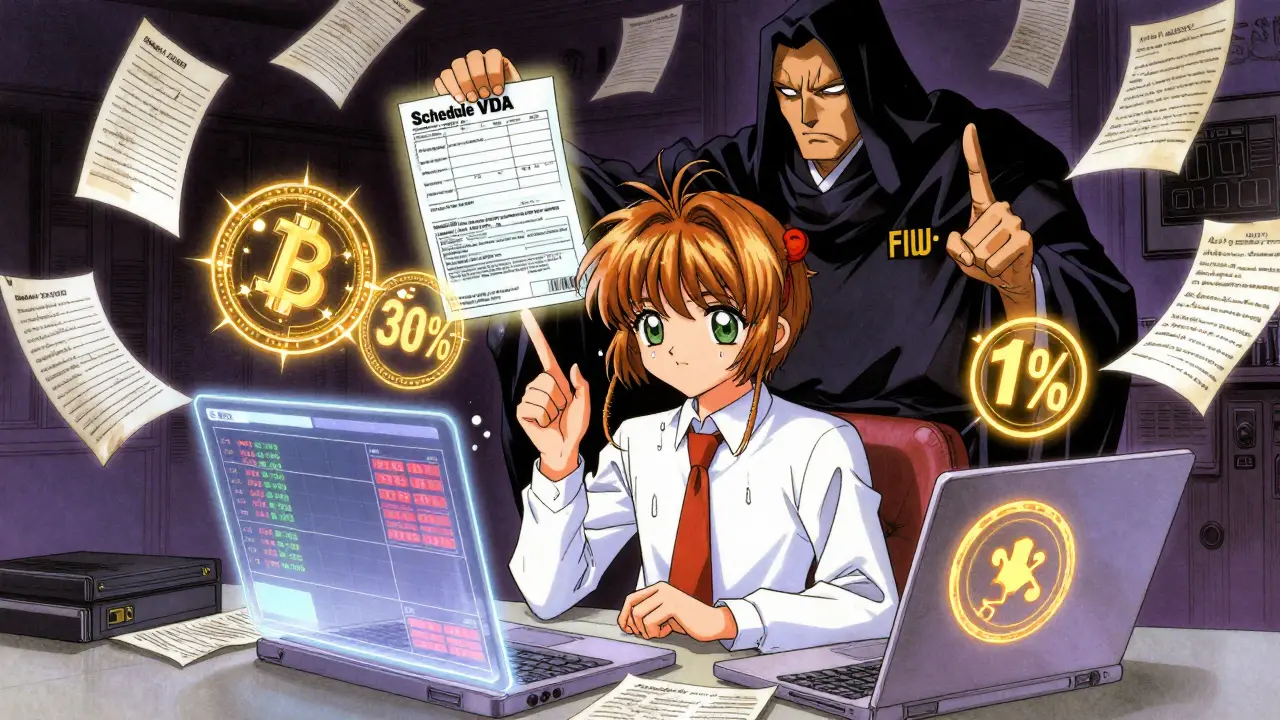 A teen trader faces a tax authority figure surrounded by glowing crypto tax symbols and legal warnings.