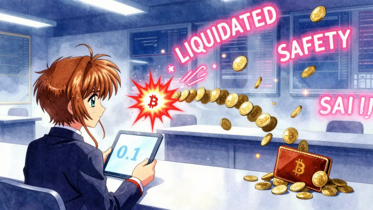 A trader watching a liquidation unfold, with isolated margin losing one coin while cross margin drains an entire wallet in emotional anime scene.