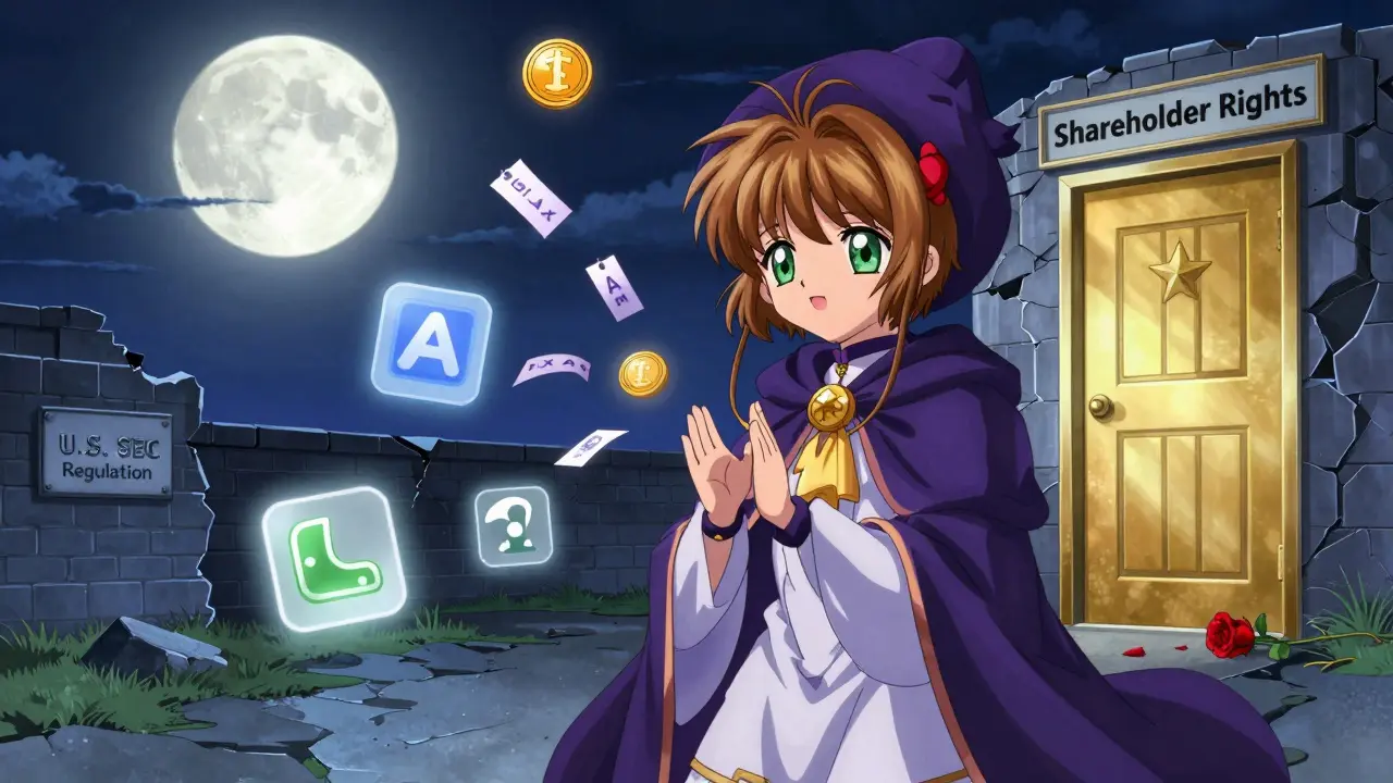 A wizard casts a spell with TSLAX tokens in a DeFi vault, while a wall labeled 'U.S. SEC Regulation' blocks access to shareholder rights.