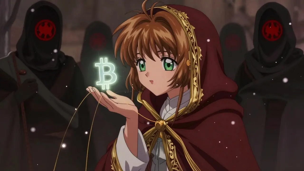 A woman in a chador receives digital remittances as shadowy decrees loom behind her in the snow.