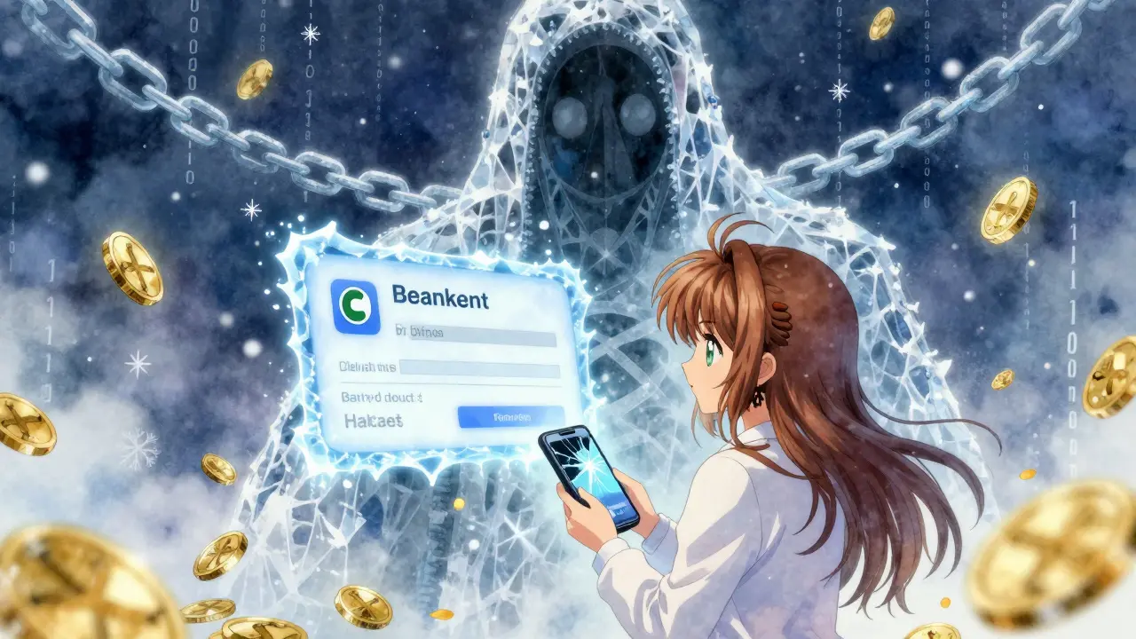 A woman stares at her frozen bank account as icy chains shaped like the central bank loom behind her, binary snow falls around her.