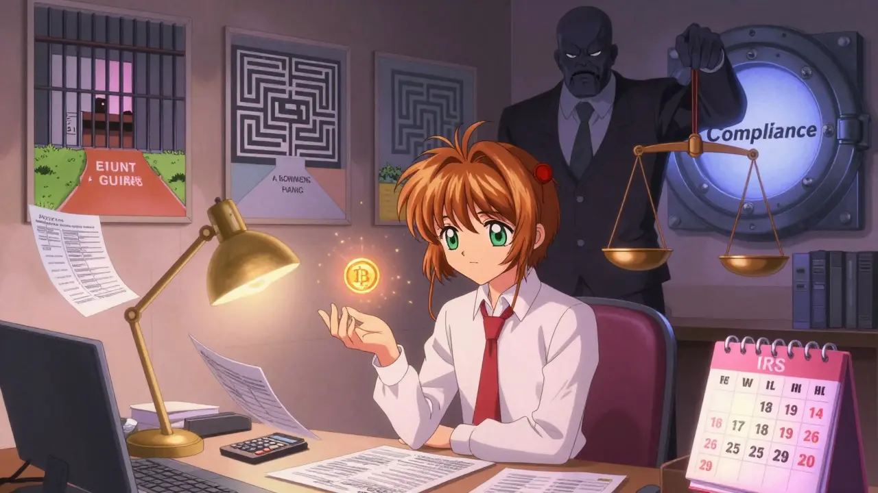 An investor at a desk with floating tax logs and a regulator's shadow, facing three paths representing crypto regulation outcomes.