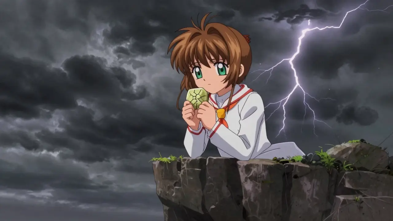 Character on cliff edge clutching cracked token amid stormy clouds.